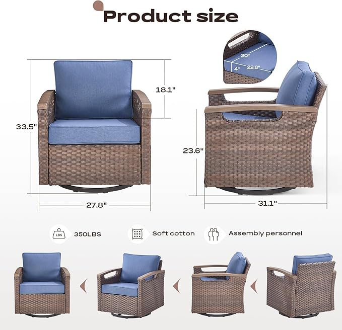Rilyson Outdoor Patio Swivel Rocking Chairs Set of 2, Patio Bistro Set with All Weather Wicker, Metal Armrest, Deep Seating, Thick Cushions, Side Table, Ideal for Deck Porch Backyard, Brown/Blue