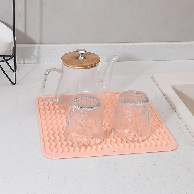 Silicone Dish Drying Mat for Multiple Usage,Easy clean,Eco-friendly,Heat-resistant Silicone Mat for Kitchen Counter or Sink,Refrigerator or Drawer liner Pink M 12 inches x 12 inches