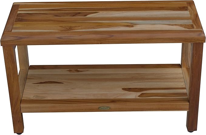 EcoDecors Eleganto 30 Inch Natural Color Waterproof Teak Wood Shower Bench Stool Seat Chair For Inside Shower Provides Safety, Storage, and Organization For Bathroom Accessories