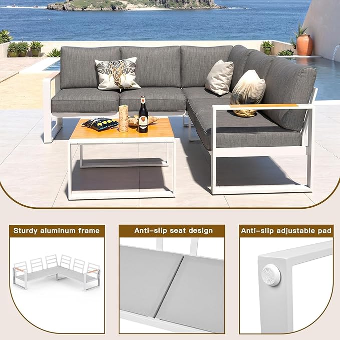 Aluminum Patio Furniture Set, All-Weather Outdoor Couch Sectional, L Shaped Patio Conversation Sets, Metal Corner Sofa with Teak Coffee Table(Cushion: Dark Gray, White Frame)