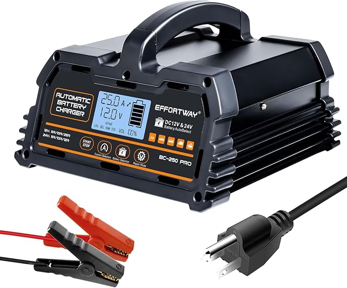 25A Battery Charger, 12V/24V Lead Acid, 12V LiFePO4. Smart Battery Charger with Trickle Charge. Car Battery Maintainer with LCD Display. Suitable for Trucks, Motorcycles
