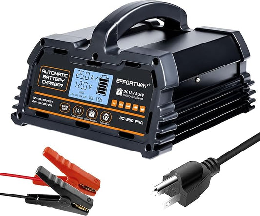 25A Battery Charger, 12V/24V Lead Acid, 12V LiFePO4. Smart Battery Charger with Trickle Charge. Car Battery Maintainer with LCD Display. Suitable for Trucks, Motorcycles