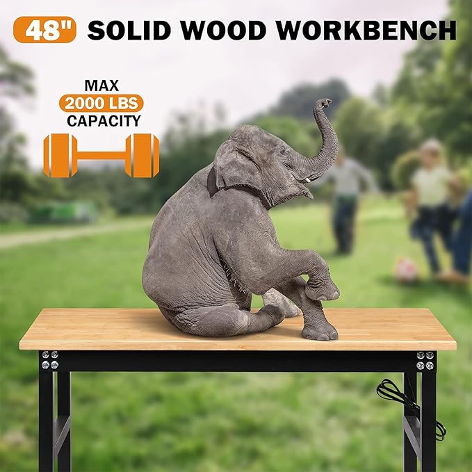 Betterhood 48" Adjustable Workbench on Wheels, Rubber Wood Heavy Duty Workstation with Power Outlets&2 Pegboards, 2000 Load Capacity Hardwood Worktable for Workshop, Garage, Office, Home, Commercial