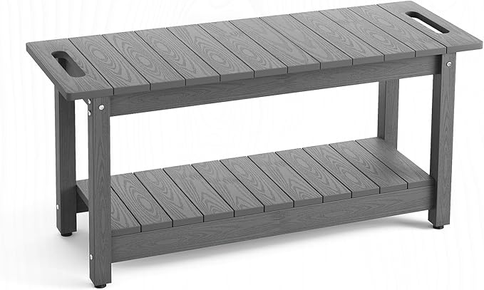 Stoog 35.5" Large Shower Bench, Waterproof Shower Stool with Storage Shelf and Handles, Adjustable and Non-Slip Feet, Shower Chair for Inside Shower, Grey