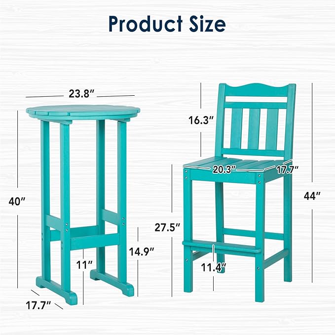 Nalone Outdoor Adirondack Chairs and Table Set - HDPE 3 Piece Garden Set with Bar Stools (Aruba)