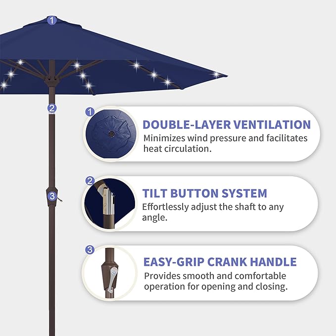 Kingdura 10FT Outdoor Patio Umbrella with Solar Lights, Market Table Umbrella with Push Button Tilt & Crank, 8 Sturdy Ribs, 32 LED Lights, UV Protection for Garden Lawn Deck Backyard Pool (Navy blue)