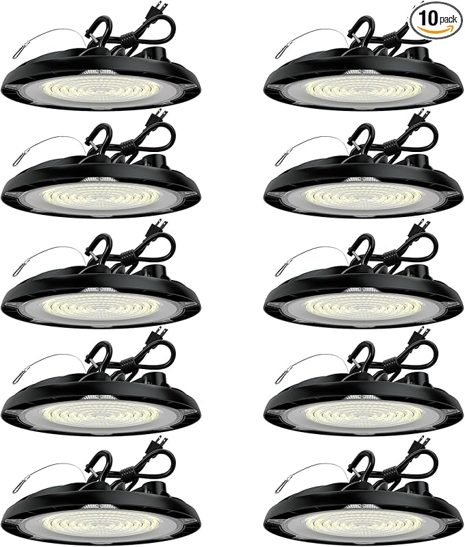 UFO LED High Bay Light 200W, 30000 lumen LED Shop Light, 4000K/5000K 2 CCT Selectable UFO Lights, 5' Cable with US Plug&Safety Rope, IP65 Waterproof Commercial Bay Lighting UL&ETL Listed, 10 Pack