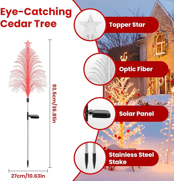Solar Christmas Tree Lights, 4Pack 7 Color IP44 Waterproof Changing Solar Optical Fiber Stake Lights Christmas Decorations with Topper Star for Garden Yard Pathway Lawn Outdoor