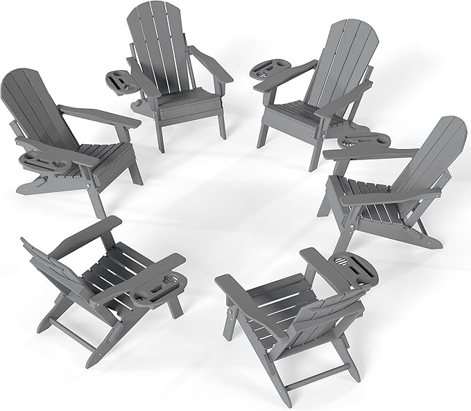 FOOWIN Folding Adjustable Adirondack Chair Set of 6,HDPE Adirondack Chair w/4 in 1 Cup Holder Trays,All-Weather Resistant Fire Pit Chair, Outdoor Chair for Patio Lawn Poolside,400lbs,Dark Grey