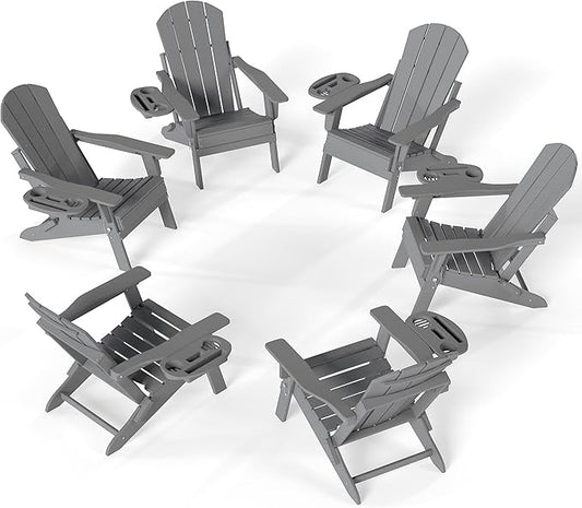 FOOWIN Folding Adjustable Adirondack Chair Set of 6,HDPE Adirondack Chair w/4 in 1 Cup Holder Trays,All-Weather Resistant Fire Pit Chair, Outdoor Chair for Patio Lawn Poolside,400lbs,Dark Grey