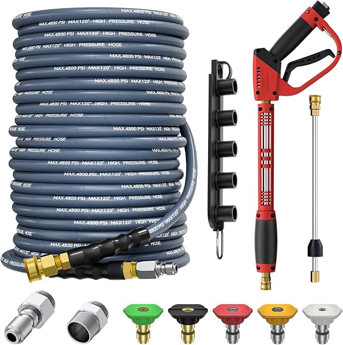 5000PSI Pressure Washer Gun and Hose Kit, 100FT Kink Resistant Steel Braided Power Washer Hose with 3/8" Swivel Quick Connector and M22 14mm Adapters Replacement/30" Extension Washer Wand