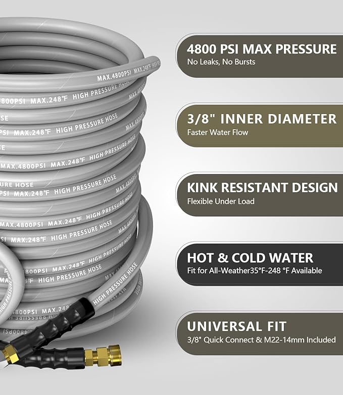 3/8" Pressure Washer Hose 50FT 4800 PSI, Kink Resistant Steel Braided Layer & NonMarking Rubber for Hot/Cold Water, High Power Washer Hose With 3/8 Inch Quick Connect & M22 Fitting, Gray