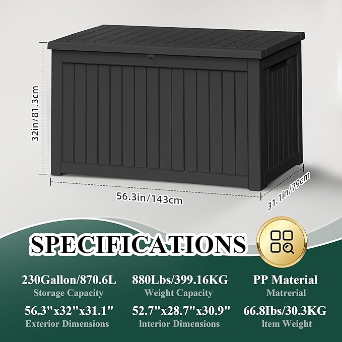 ROJIK Outdoor Storage Housing Deck Box - Waterproof Patio Furniture, Garden Tools, Cushions, Pool Accessories Storage Bench with Lockable Lid and Side Handles (Black 238 Gal)