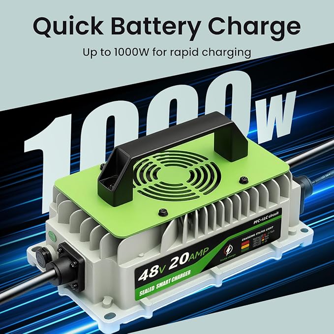 20 AMP 48 Volt Golf Cart Battery Charger 48V Lithium Battery Charger LiFePO4 Charger for Club Cars RVs Boats Cars Forklift Truck 1000W IP65 Waterproof with Cooling Fan 2 Connectors