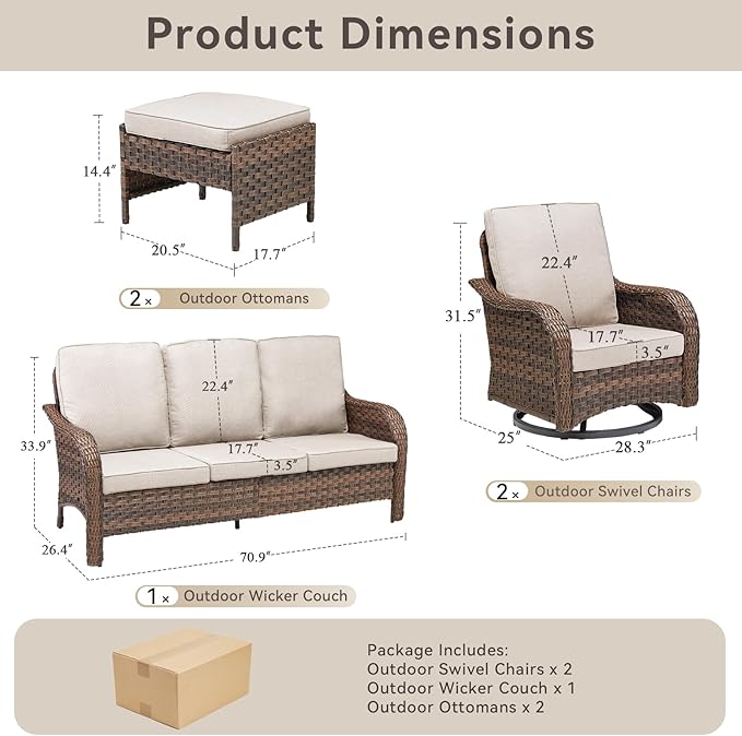 Wicker Outdoor Patio Furniture Set-5 Pieces All-Weather Wicker Outdoor Furniture with Swivel Rocking Chairs Set of 2 Patio Conversation Sets for Garden,Backyard,Deck Brown/Beige