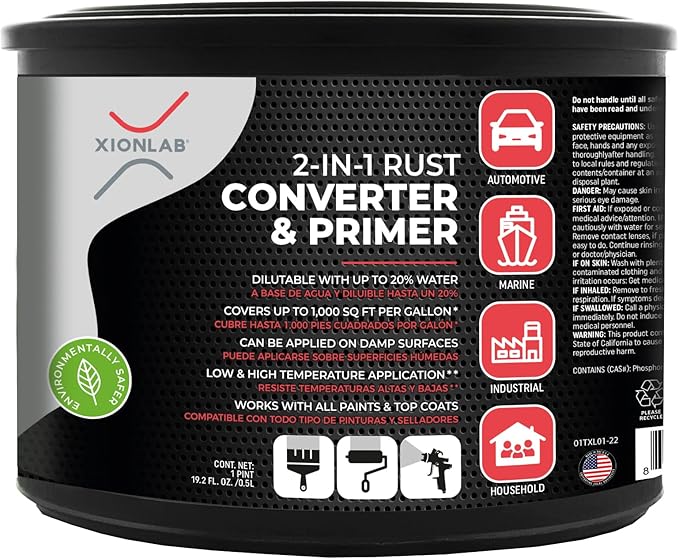 Xion Lab 2 in 1 Rust Converter & Metal Primer - Covers Up to 4X More - Industrial Grade Water Based UV Resistant Rust Reformer - No Top Coat Needed - Rust Inhibitor Works On Damp Surfaces (Pint)