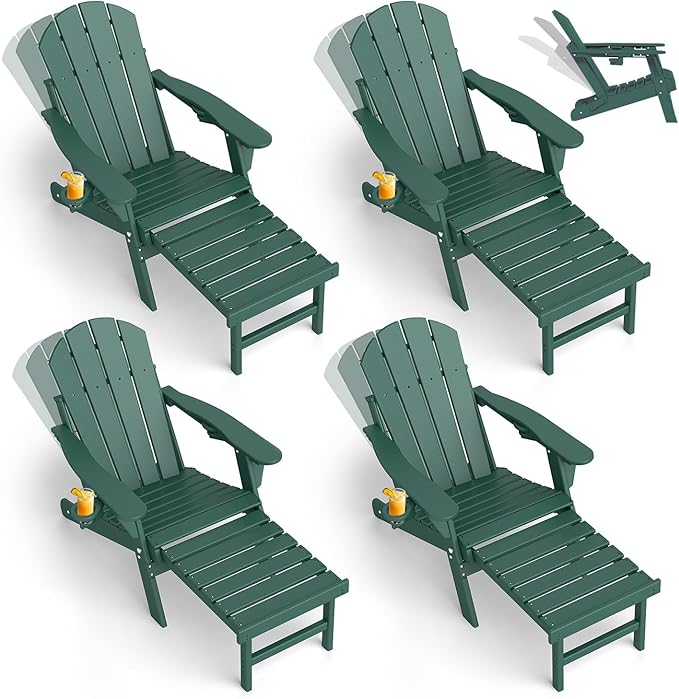GREENVINES Adjustable Adirondack Chair with Retractable Ottoman Set of 4 | Folding | HDPE Plastic | Fire Pit Chairs w/Foot Rest | 2 Cup Holders | Forest | for Outdoor Patio Poolside Deck
