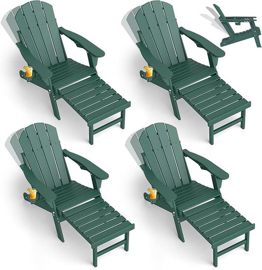 GREENVINES Adjustable Adirondack Chair with Retractable Ottoman Set of 4 | Folding | HDPE Plastic | Fire Pit Chairs w/Foot Rest | 2 Cup Holders | Forest | for Outdoor Patio Poolside Deck