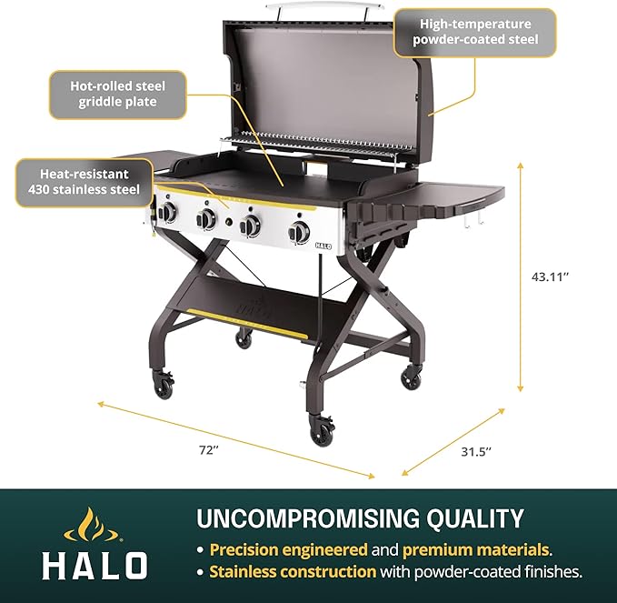 HALO Elite4B Outdoor Griddle | 4 Burner, 8 Cooking Zones | 720 sq. in. (36″ x 20″) Wind-Proof Cooking Surface | Propane Gas Grill | HZ-1001-XNA