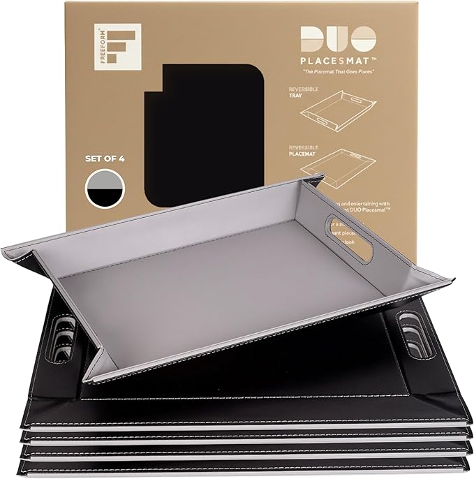 PLACEsMAT 2-in-1 Faux Leather Placemat & Serving Tray | Reversible Design, Lays Flat & Easy to Clean | Ottoman Food Tray, Perfect Housewarming Gift, 18” x 14” (Grey & Black, Set of 4)