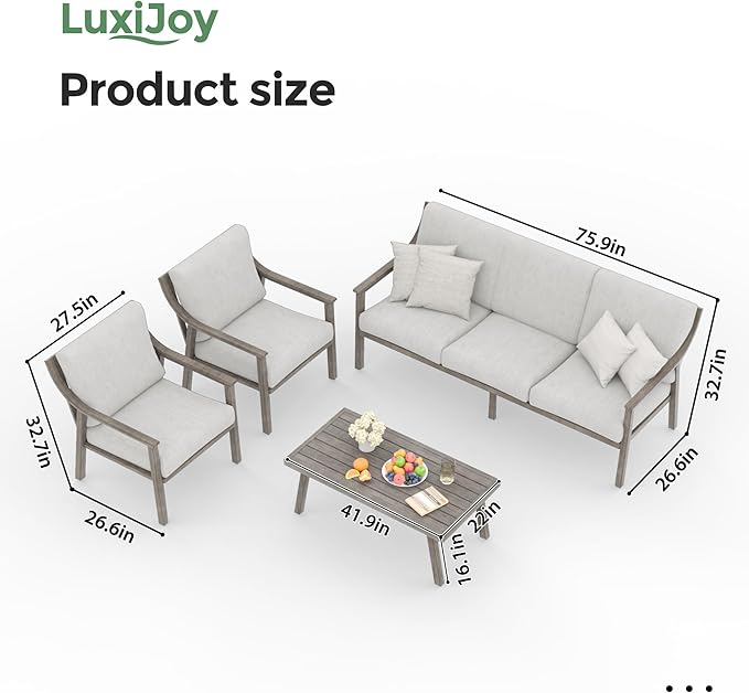 Patio Conversation Sets 4 Pieces - Aluminum 3 Seater Sofa Outdoor Furniture Sets with Thick Cushion, Coffee Table and Chairs Set of 2, Rustproof and Waterproof for Porch Deck Yard, Grey