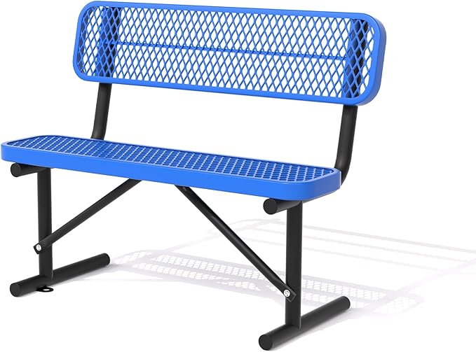 4 Feet Heavy Duty Metal Park Bench for Outside, Outdoor Bench with Backrest & Portable Frame, Thermoplastic Coating, Commercial Benches for Shopping Malls, Stores, Parks, Patios, Decks, Blue