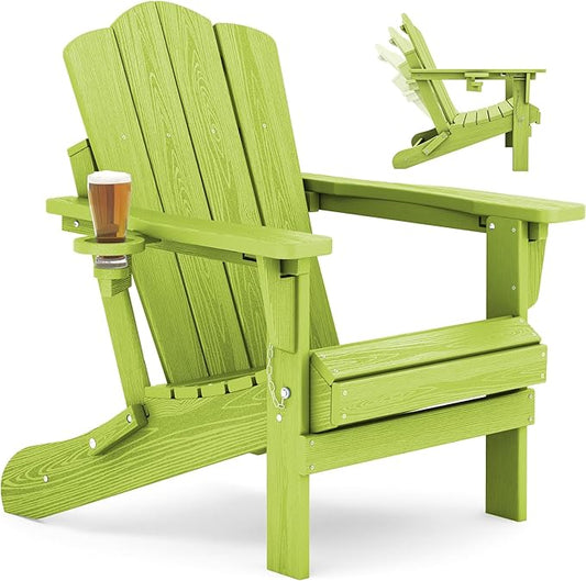 KINGYES Adjustable Folding Adirondack Chair, 3-Position Reclining Adirondack Chairs with Cup Holder, HDPE All-Weather Oversized Adirondack for Outdoor, Patio, Backyard Deck, Fire Pit, Apple Green