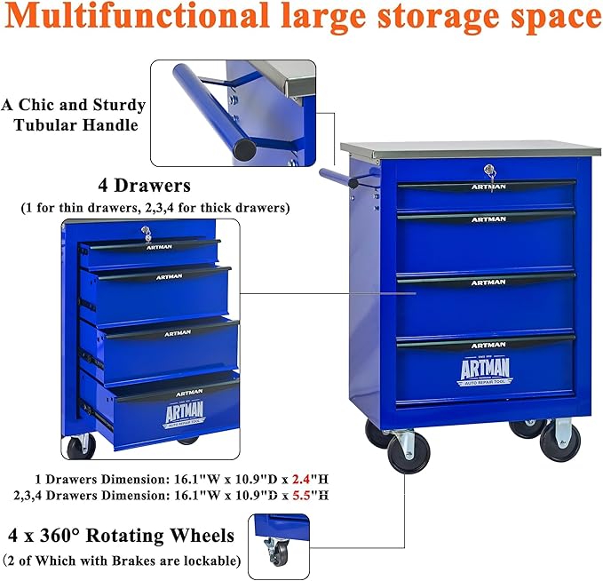 4 Drawers Tool Cart on Wheels, Multifunctional Rolling Tool Box, Drawers Rolling Trolley Organizer Tool Storage Chest for Garage,Workshop,DIY Multiple Interconnectable(4 Drawers-30.5" H)