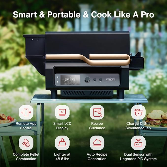 ASMOKE Essential V2 Full Grilling Combo - Smart Portable Wood Pellet Grill & Smoker with 5" LCD Screen, 8-in-1 Grill, 8H Battery, Effortless Cleaning, Wi-Fi Smart Control,271 sq.in, Fit for Family BBQ