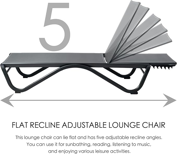 Kozyard 2Pack Patio Chaise Lounge Chair Full Flat Alumium Adjustable Chair Flat Chaise Lounge Outdoor Chair for Sunbathing, Poolside, Beach, 2Gray Textilene Lounge