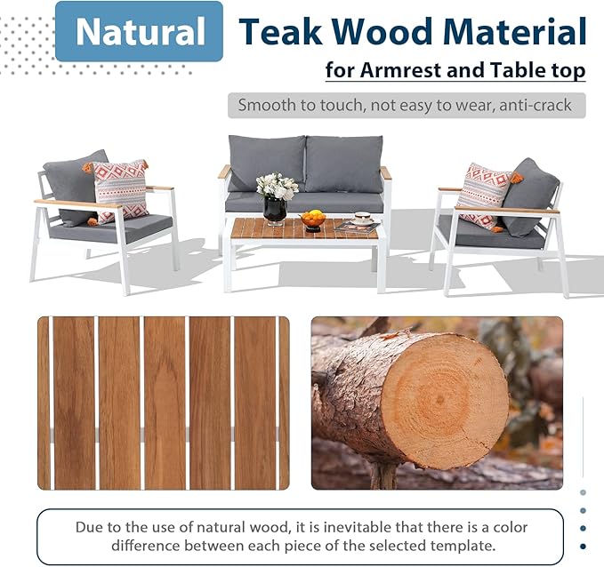 JOIVI Aluminum Patio Furniture Set, 4 Pieces Outdoor Conversation Set with Teak Coffee Table & Cushion, Outdoor Sectional Sof Set, Outside Furniture for Deck, Backyard, White