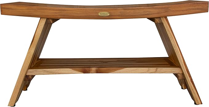 EcoDecors 35 Inch Serenity Teak Shower Bench – Waterproof Bathroom Seat with Large Storage Shelf For Adults & Seniors | Spa-Style Teak Wood Stool with Non-Slip Feet, Elegant Finish, 300 Pound Capacity