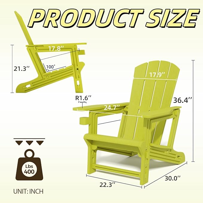 Adirondack Chairs Set of 2, Adirondack Chair with Cup Holder,Wooden Textured Plastic Fire Pit Chair,All-Weather Outdoor Patio Chairs for Lawn,Backyard Deck, Porch,400LBS Heavy-Duty,Yellow
