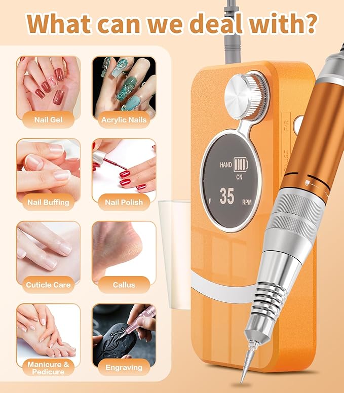 [2025 Upgraded] Electric Nail Drill Professional, Portable Rechargeable 35000 RPM - Cordless Electric Nail File Machine Kit for Acrylic Gel Polishing Removing, Manicure at Home DIY & Salon (Orange)