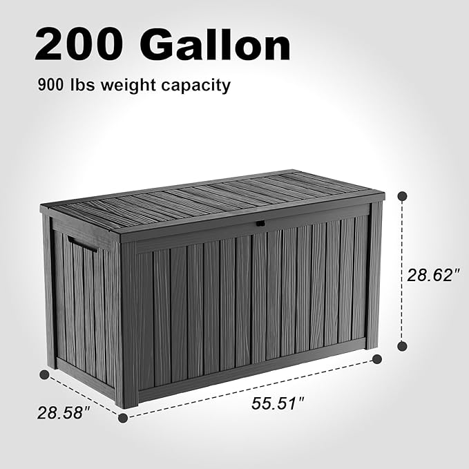 200 Gallon Waterproof Outdoor Storage Box, UV Resistant Resin Deck Box with Hydraulic Rod for Reinforced Stability, Perfect for Patio, Garden, and Pool,Black