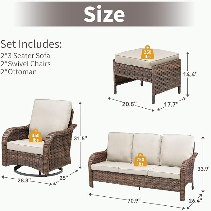 Wicker Outdoor Patio Furniture Set-6 Pieces All-Weather Wicker Outdoor Furniture with Swivel Rocking Chairs Set of 2 Patio Conversation Sets for Garden,Backyard,Deck Brown/Beige