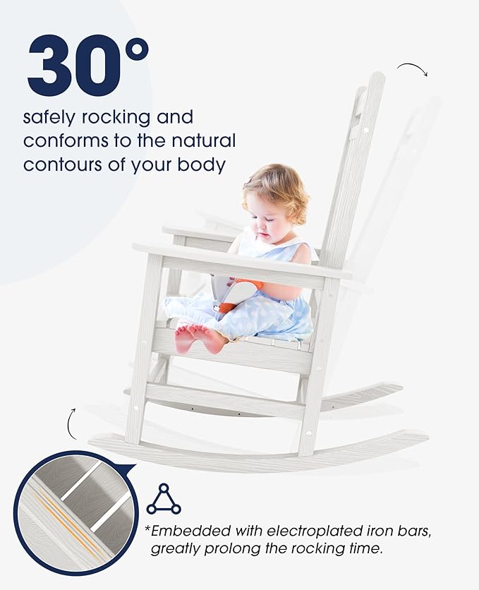 KINGYES Outdoor Rocking Chair Set of 4, All-Weather Patio Rocking Chairs for Porch, HDPE Rocking Outdoor Chairs with High Back for Adult, Heavy Duty Outdoor Patio Rockers for Garden, Lawn, White