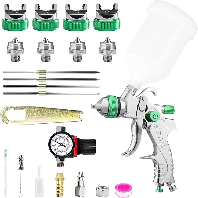 HVLP Spray Gun Kit with 1.4/1.7/2.0/2.5mm Nozzles, Professional Car Paint Spray Gun Wall Repair Furniture Refinishing Painting Gun, Gravity Feed Paint Sprayer Gun (Green-1.4/1.7/2.0/2.5mm)
