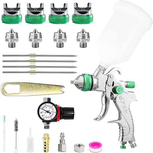 HVLP Spray Gun Kit with 1.4/1.7/2.0/2.5mm Nozzles, Professional Car Paint Spray Gun Wall Repair Furniture Refinishing Painting Gun, Gravity Feed Paint Sprayer Gun (Green-1.4/1.7/2.0/2.5mm)