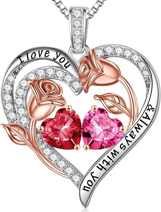 Iefil Christmas Gifts for Women Wife - 925 Sterling Silver Rose Heart Birthstone Necklace Birthday Anniversary Jewelry Gifts for Her Wife Mom Daughter
