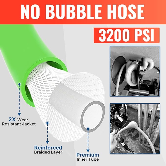 YAMATIC Super Flexible Pressure Washer Hose 30FT for Power Washer Replacement, Kink Resistant Extension With Leak-Free M22 Female & 3/8" Quick Connect Adapters, 1/4" 3200 PSI, Green