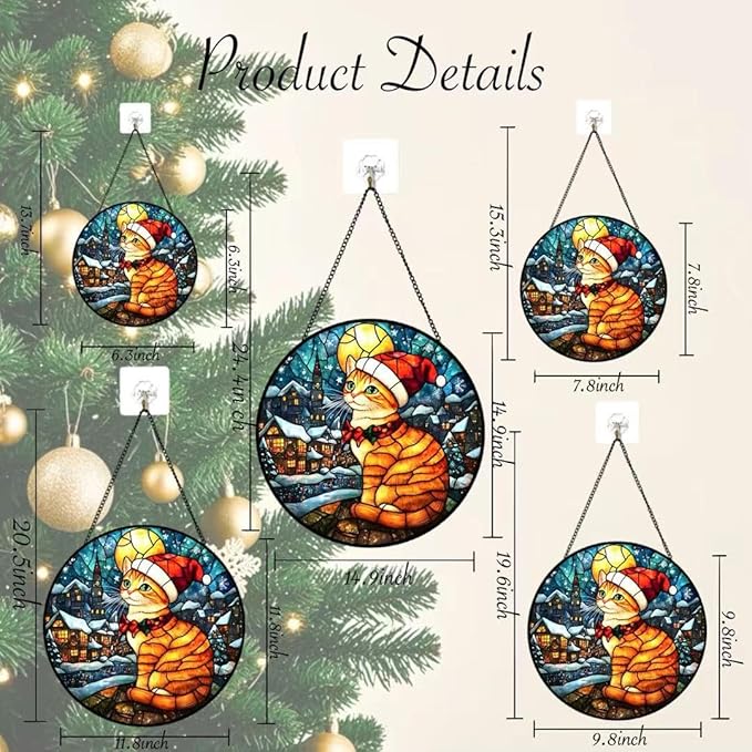 Stained Glass Window Hanging - Bright Moon and Ginger Cat Snowy Night Suncatcher fof Garden Home Decor for Women Mon Grandma Friends