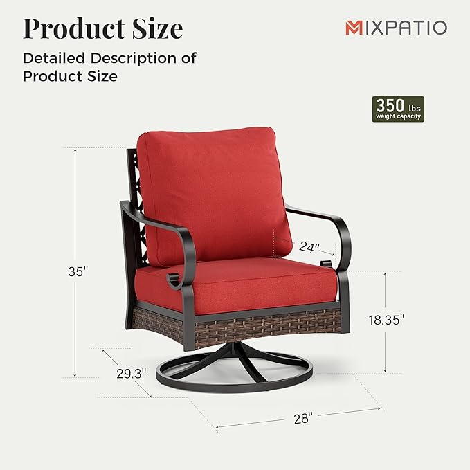 Outdoor Patio Swivel Sofa Chairs Set of 2 Steel Frame Porch Furniture with Deep Seating and 5.75" Cushions for Lawn Backyard Deck, Red