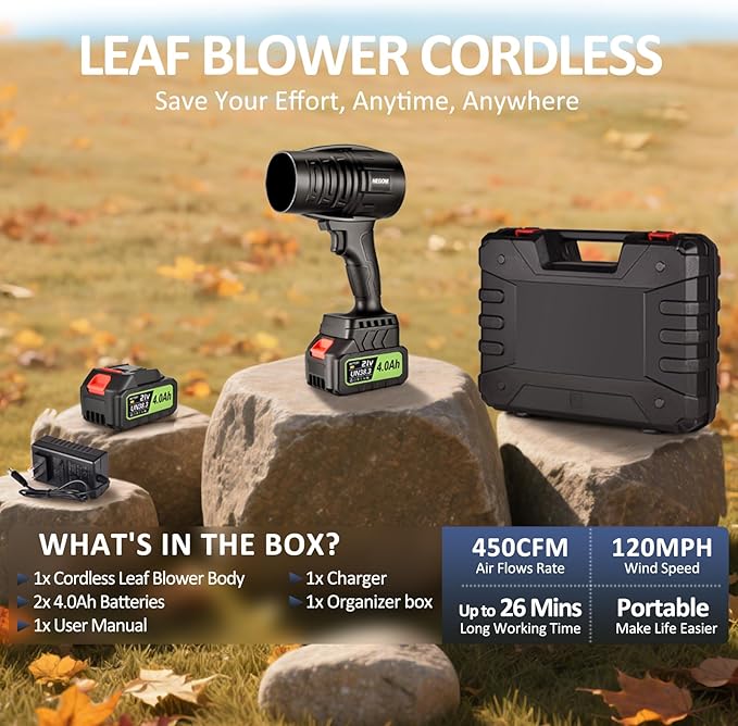 Leaf Blower Cordless Battery Charger, Electric Cordless Leaf Blower Handheld, and Lightweight with High Speed Power for Lawn Or Patio Portable Air Blowers 21V Black