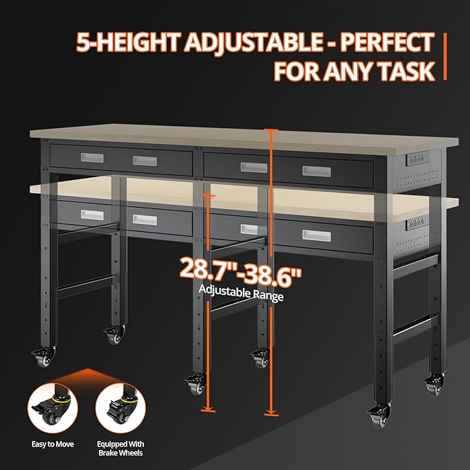 72" Heavy Duty Workbench with Power Outlets, Pegboard & Storage Drawers, 2000 LBS Capacity Rolling Work Table with Wheels, Hooks & Rack for Garage, Workshop, Office, Home