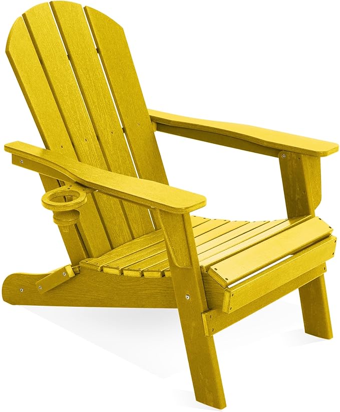 LOUNZY Folding Adirondack Chair with Cup Holder, HDPE All-Weather Folding Patio Chair, Outdoor Patio Adirondack Chair for Lawn Porch Garden Backyard Deck Fire Pit, Yellow