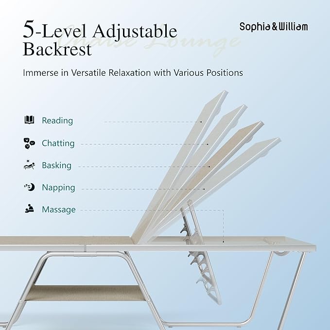 Sophia & William Outdoor Chaise Lounge Chair, 78" Long Reclining Lounge Chairs with 5 Adjustable Backrest, Oversized Patio Chaise Lounge Chair for Outside Poolside Beach Yard, Grey