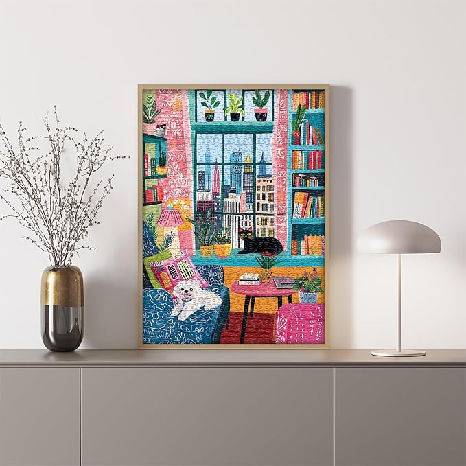 PICKFORU Cozy Puzzles 1000 Pieces, Cat Dog Jigsaw Puzzle Features Book Plant Bookshelf Animals, Puppy Kitten Challenge for Adults,Colorful Modern Art