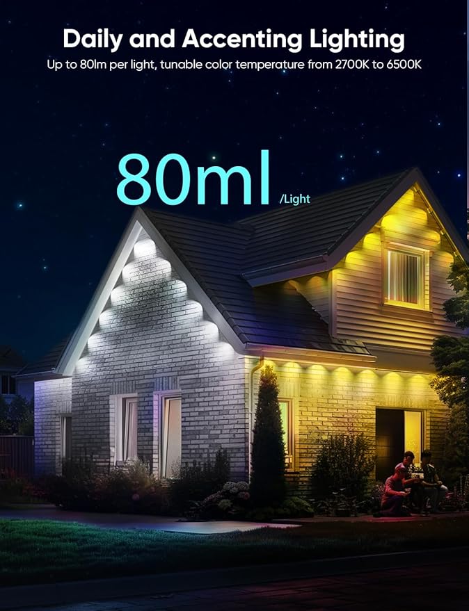 APPECK Permanent Outdoor Lights Pro 100ft, 72W RGBCW Eaves Lights with 72 LED Lights, 80lm, Cuttable, 111 Scene Modes, IP67 Waterproof Lighting for Halloween Decoration, Compatible with Alexa, White