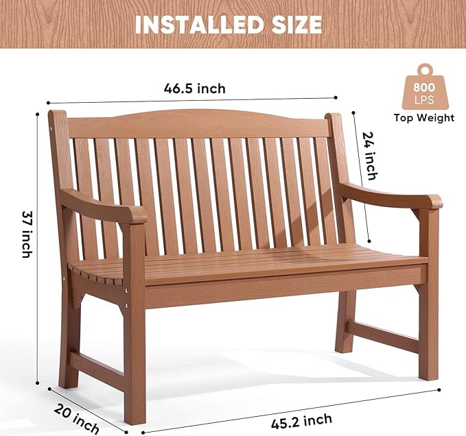 Outdoor Bench, All Weather Resistant Poly Lumber 2-Person Weatherproof Patio Garden Bench, Will not Rot and Fade, Outside Bench Suit for Garden, Porch,Balcony, Poolside, Park - Teak